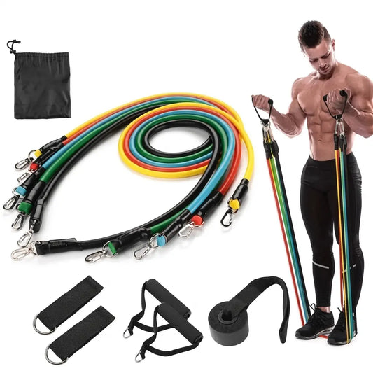 11-in-1 Resistance Bands Kit with Chest Expander, Ankle Strap, and Yoga Stretching Rope for Comprehensive Full-Body Workouts and Muscle Toning