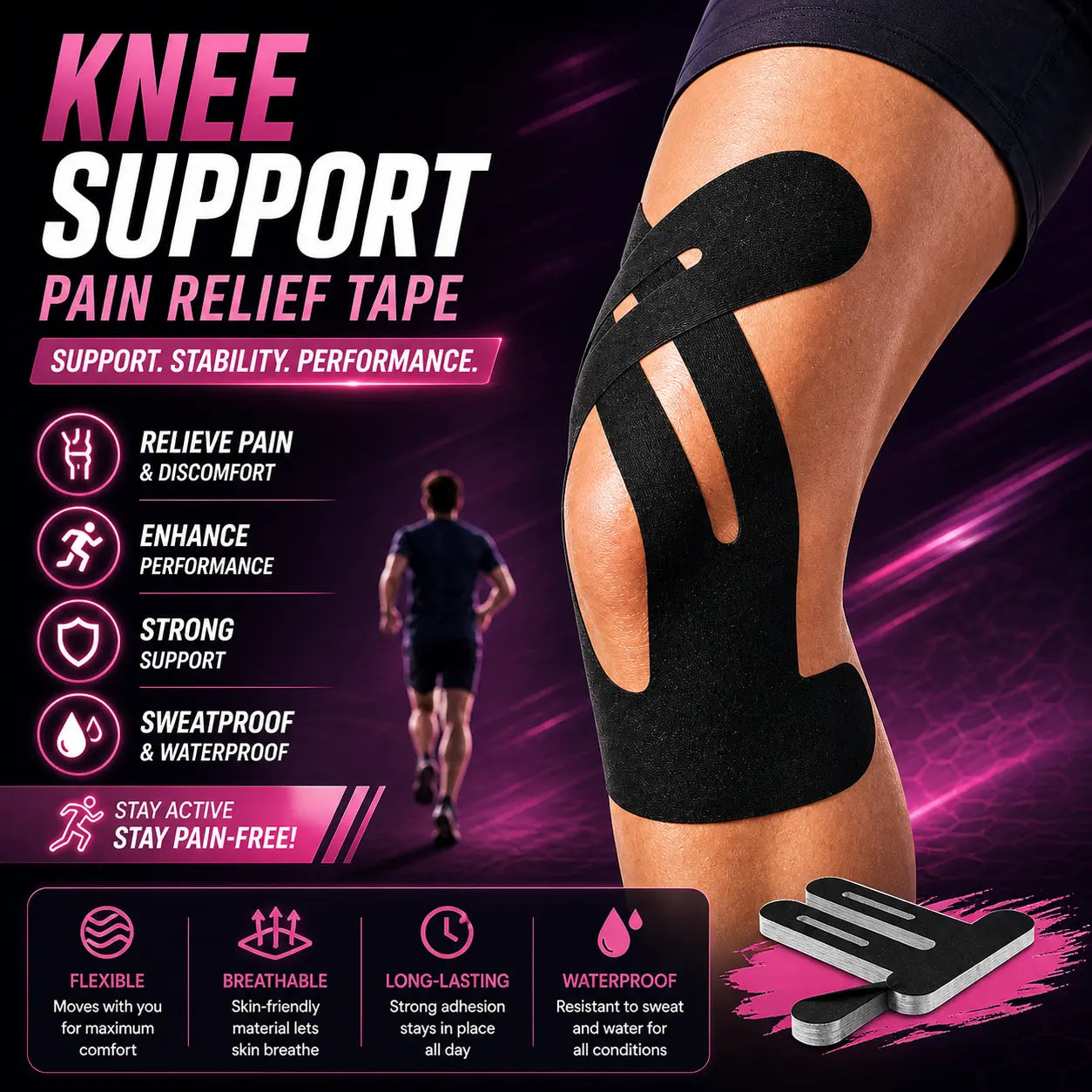 Precut Kinesiology Tape for Knees, 10 Pcs Athletic Knee Support Tape, Waterproof Elastic Sports Tape for Running, Gym & Basketball