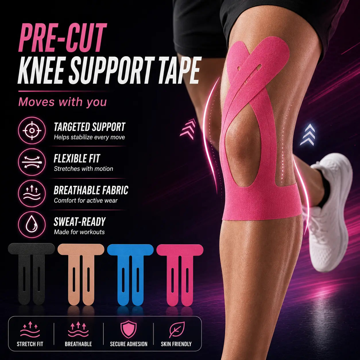 Precut Kinesiology Tape for Knees, 10 Pcs Athletic Knee Support Tape, Waterproof Elastic Sports Tape for Running, Gym & Basketball