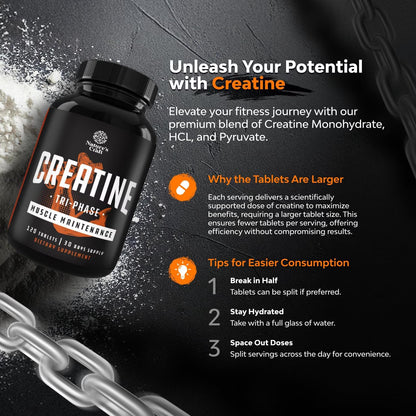 Tri-Phase Creatine Tablets, Pre Workout Supplement for Muscle Mass and Recovery, 120 Ct